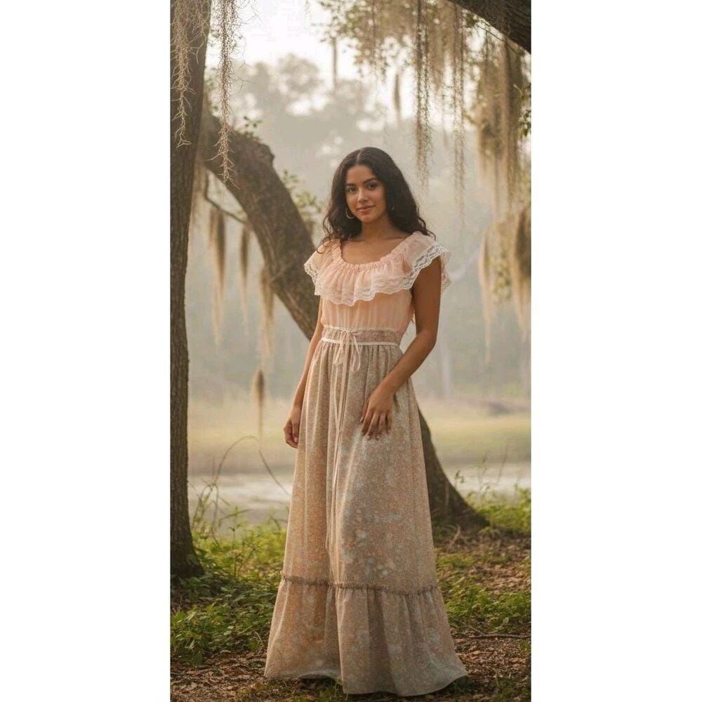 VTG Women's Prairie Dress 70s Off Shoulder Maxi Dress Floral Cottagecore Lace